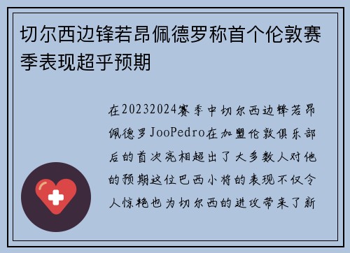 切尔西边锋若昂佩德罗称首个伦敦赛季表现超乎预期