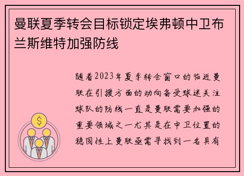 曼联夏季转会目标锁定埃弗顿中卫布兰斯维特加强防线